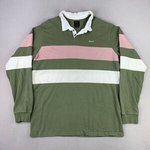 RVCA Rugby Shirt Mens XL Green Thick Striped Long Sleeve Polo Cotton Retro Y2K